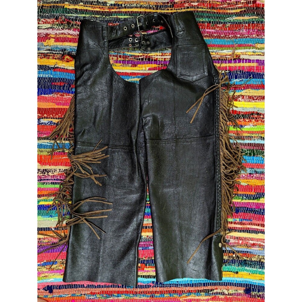 UNIK Black Leather Brown Fringe Motorcycle Riding Chaps Snap Zip Leg Women's XL